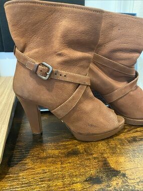 Prada Tan Brown Peep-Toe High Heel Ankle Boots